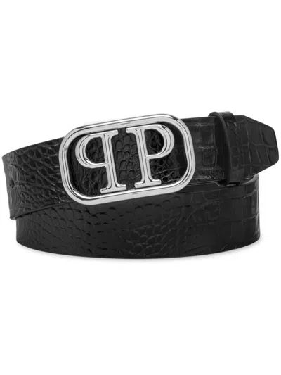 Philipp Plein Logo Buckle Leather Belt In Black