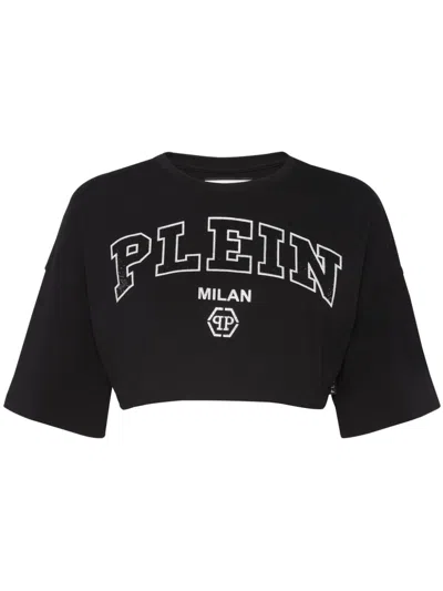 Philipp Plein Logo-embellished Cotton Crop Top In Schwarz