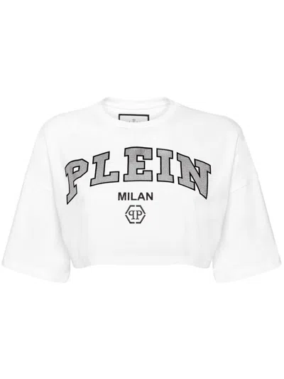 Philipp Plein Logo-embellished Cotton Crop Top In Weiss