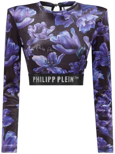 Philipp Plein Logo-embellished Floral-print Top In Black