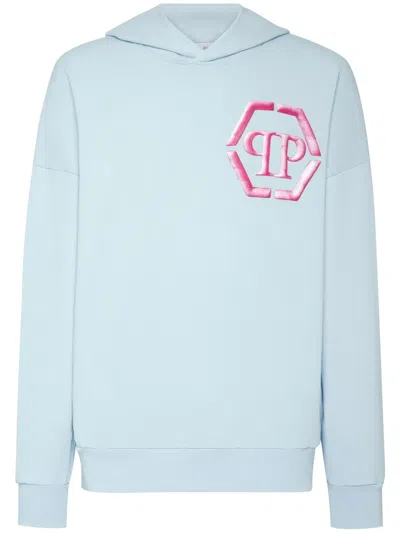 Philipp Plein Logo-embroidered Cotton Hoodie In Blue