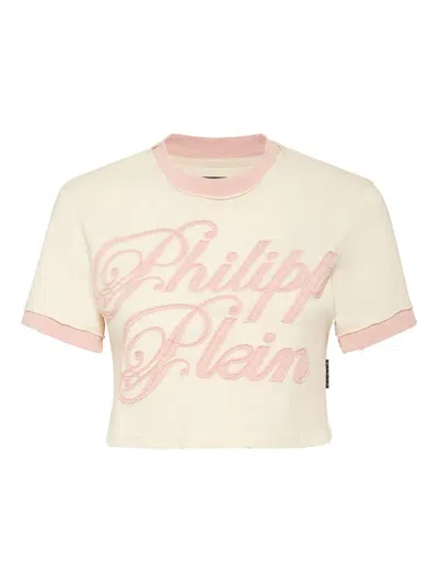 Philipp Plein Logo-embroidered Cotton Top In Neutral