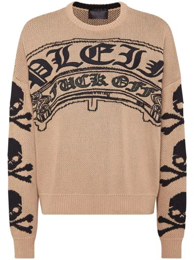 Philipp Plein Logo-embroidered Crew-neck Sweater In Neutrals