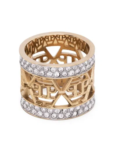 Philipp Plein Hexagonal Logo-charm Ring In Gold