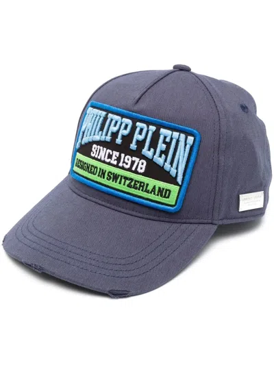 Philipp Plein Logo-patch Distressed Cotton Baseball Cap In Blau