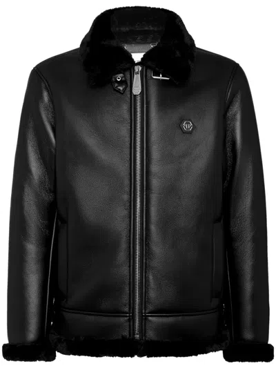 Philipp Plein Logo-patch Faux-leather Bomber Jacket In Black