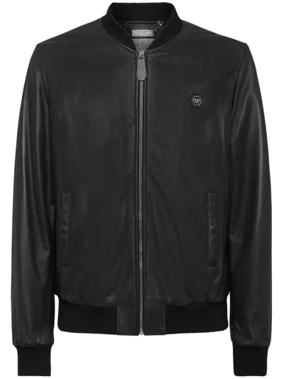 Philipp Plein Logo-patch Leather Jacket In Black