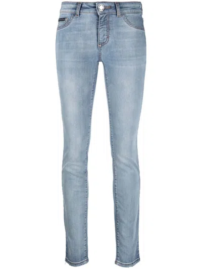 Philipp Plein Logo-patch Stretch-cotton Denim Leggings In Blue
