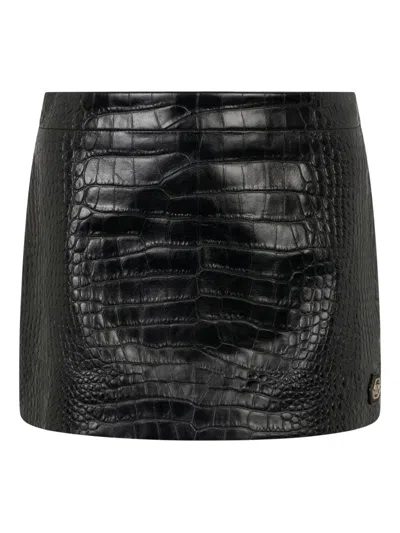 Philipp Plein Logo-plaque Croco-print Mini Skirt In Black