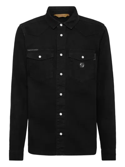 Philipp Plein Logo-plaque Denim Shirt In Black