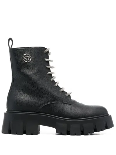 Philipp Plein Logo-plaque Lace-up Leather Boots In Black