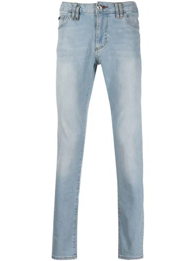 Philipp Plein Schmale Jeans Mit Logo-schild In Blue