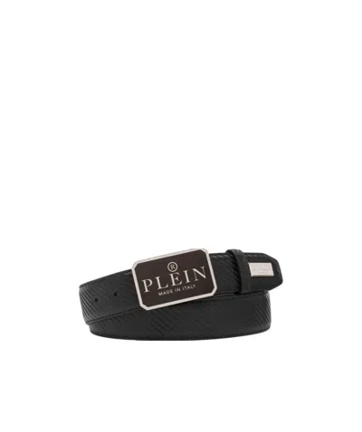 Philipp Plein Logo-plaque Textured Belt In Black