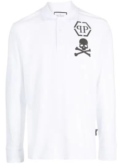 Philipp Plein Logo-print Long-sleeved Polo Shirt In White