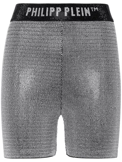 Philipp Plein Logo-print Strap Metallic-threading Shorts In Black