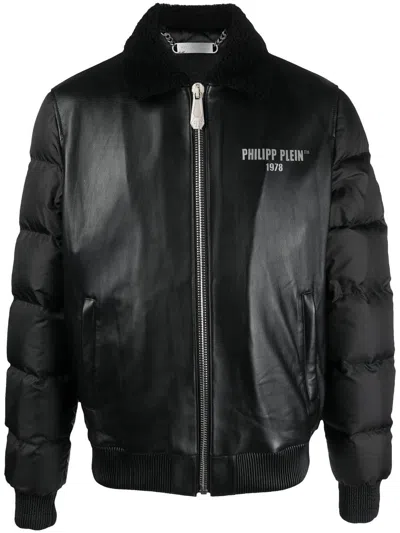 Philipp Plein Logo-print Padded Leather Jacket In Black