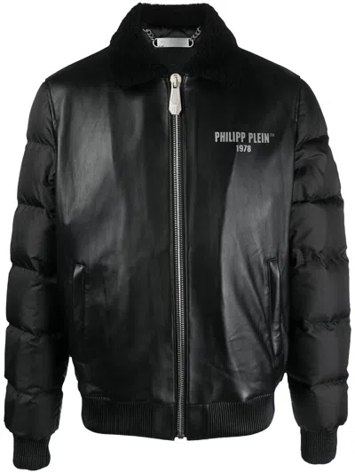 Philipp Plein Logo印花填充皮质夹克 In Black