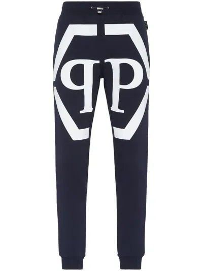 Philipp Plein Monogram Print Jersey Jogging Trousers With Hexagon Logo In Blue