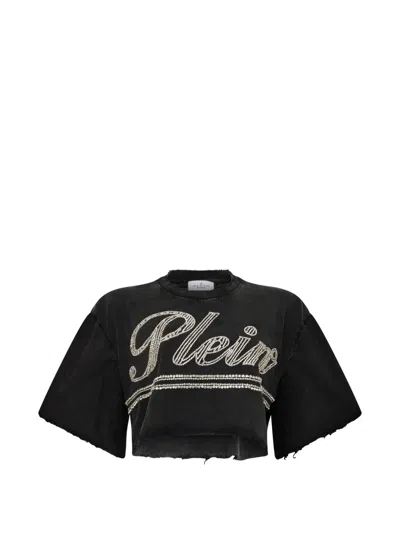 Philipp Plein Logo-strass Cropped T-shirt In Black