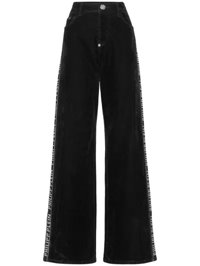 Philipp Plein Logo-tape Wide-leg Jeans In Black
