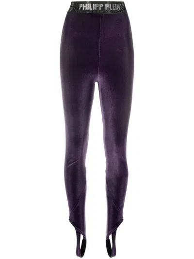 Philipp Plein Logo-underband Velvet Leggings In Purple