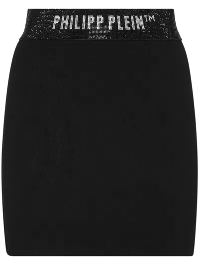 Philipp Plein Logo-waistband Fine-ribbed Miniskirt In Black