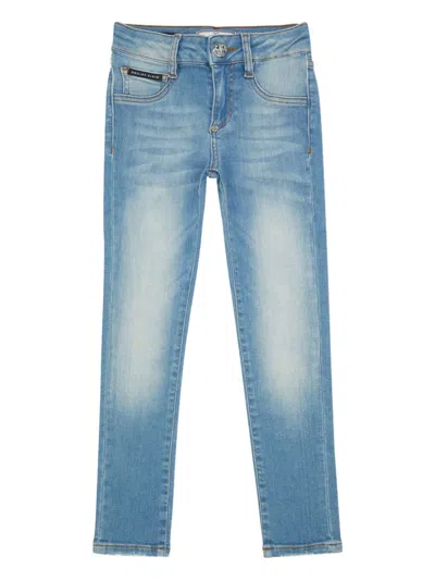Philipp Plein Kids' Logo-plaque Light-wash Jeans In Blue