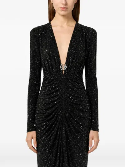 Philipp Plein Long Dress All-over Strass In Black