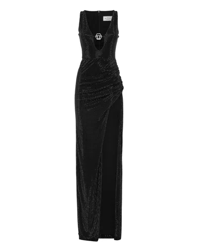 Philipp Plein Cut-out Draped Long Dress In Black