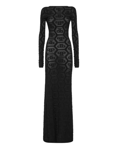 Philipp Plein Long Dress Knitted Monogram In Black