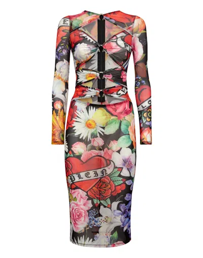 Philipp Plein Long Dress Love Flowers In Multi