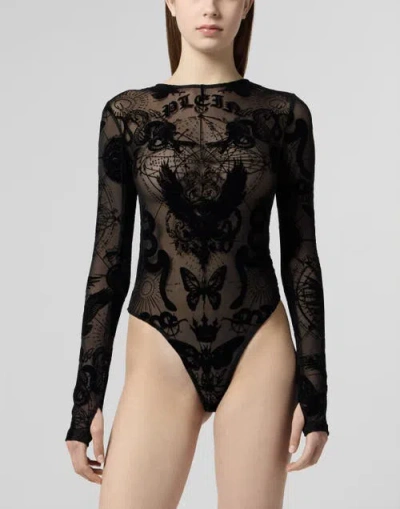Philipp Plein Long Sleeve Bodysuit Flock Butterfly Tattoo Women In Black
