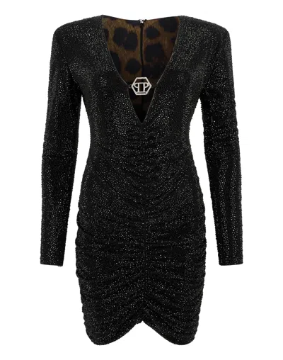 Philipp Plein Long Sleeve Mini Dress All-over Strass In Blue