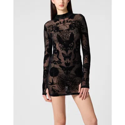 Philipp Plein Long Sleeve Mini Dress Flock Butterfly Tattoo Women In Black