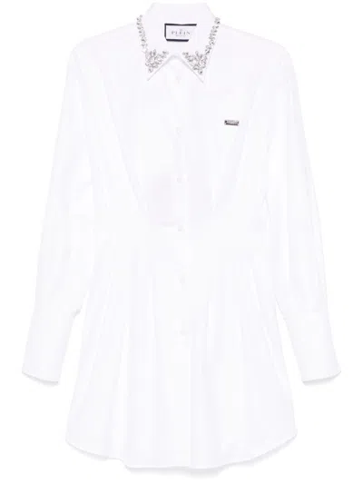Philipp Plein Long Sleeve Mini Shirt Dress In White
