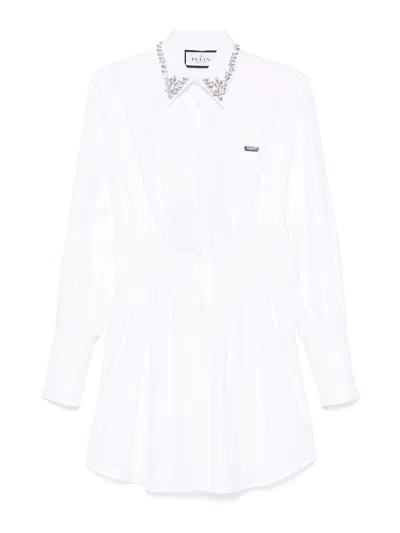 Philipp Plein Long Sleeve Mini Shirt Dress In White