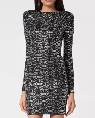 Philipp Plein Long Sleeve Monogram Mini Dress In Black