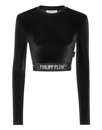 Philipp Plein Long-sleeve Padded Shoulder Cropped Top Crystal In Black