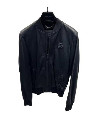Philipp Plein Long-sleeved Leather Jacket In Black