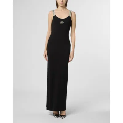 Philipp Plein Long Tank Dress Strass Hexagon Women In Black