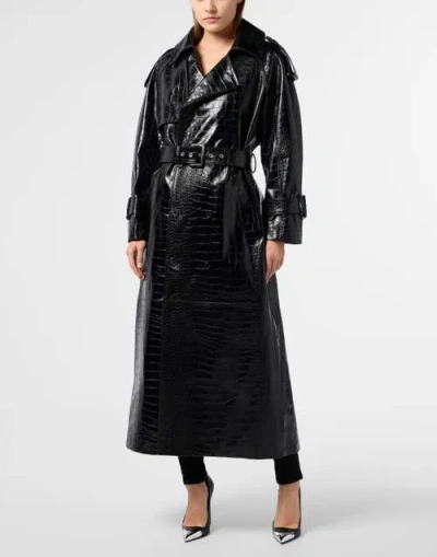 Philipp Plein Long Trench Coat Cocco Women In Black