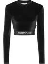 Philipp Plein Long-sleeve Padded Shoulder Cropped Top Crystal In Black