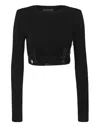 Philipp Plein Long-sleeve Padded Shoulder Cropped Top Crystal In Black