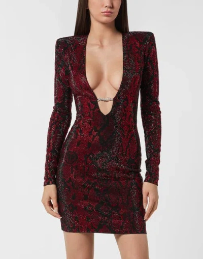 Philipp Plein Long-sleeved Mini Dress Strass Women In Red