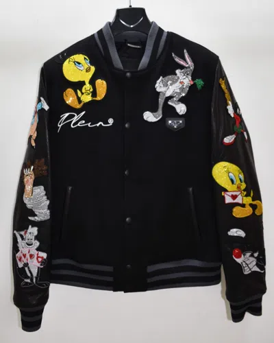 Pre-owned Philipp Plein Looney Tunes Men's Genuine Leather Sleeves  College Bomber Jacket In Black