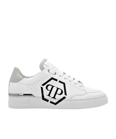 Philipp Plein Perforated Leather Sneakers Logo Detail In White