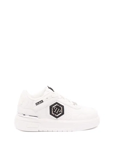 Philipp Plein White Calf Leather Bos Taurus Athletic Sneakers