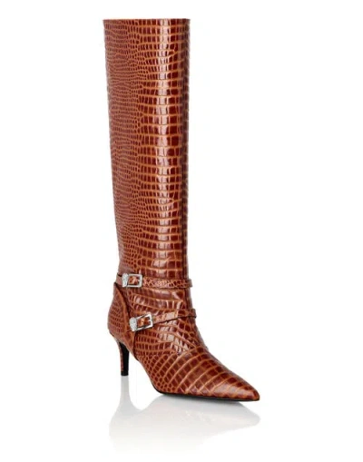 Philipp Plein Low-heel Strapped High Boots Cocco Print Women In Brown