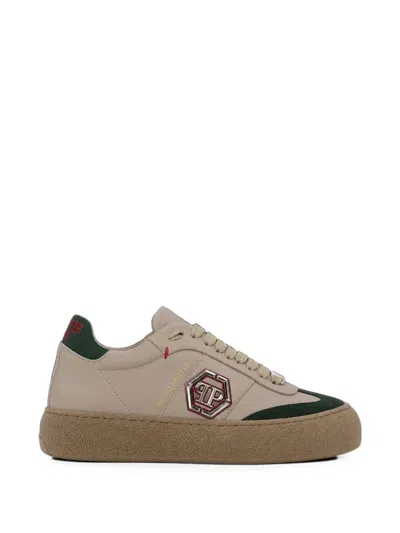 Philipp Plein Retro Hustle Monogram Leather Low-top Trainers With Platform Sole In Neutral
