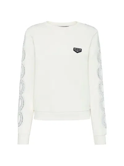 Philipp Plein Ls Crystal Cable Long-sleeved Sweatshirt In White